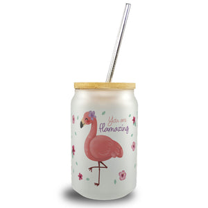 Flamingo Trinkglas mit Bambusdeckel mit Spruch You are flamazing