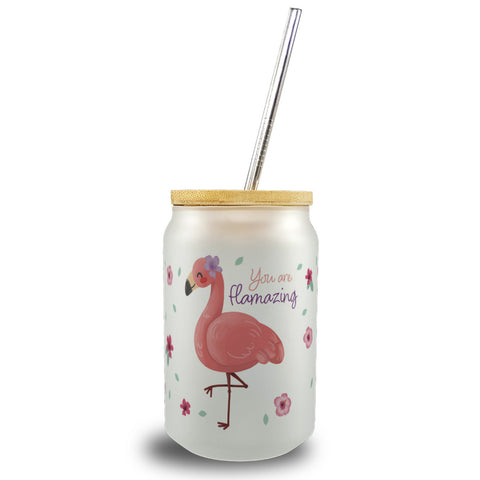 Flamingo Trinkglas mit Bambusdeckel mit Spruch You are flamazing
