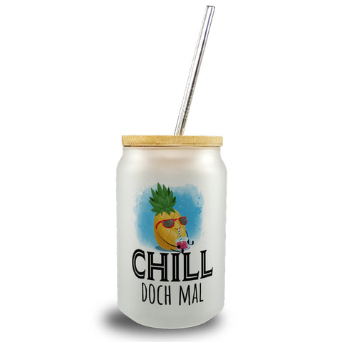Ananas Trinkglas mit Bambusdeckel mit Spruch Chill doch mal