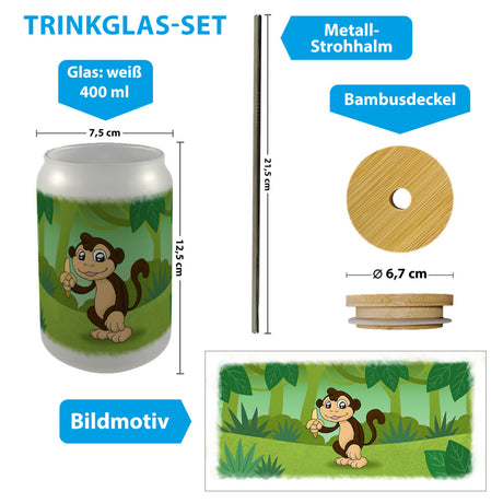 Affe im Dschungel Trinkglas mit Bambusdeckel
