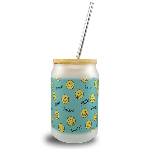 Emoticon Trinkglas mit Bambusdeckel mit Spruch Smile