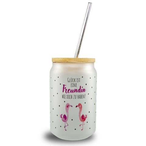 Flamingo Trinkglas mit Bambusdeckel mit Spruch Glück ist eine Freundin wie dich zu haben