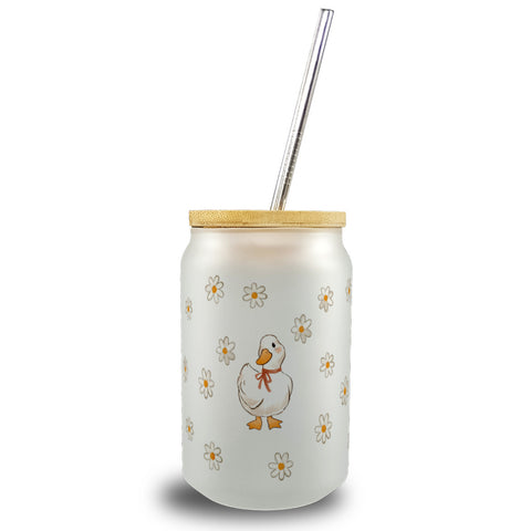 Ente mit Gänseblümchen Trinkglas mit Bambusdeckel