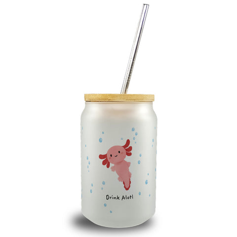 Axolotl Trinkglas mit Bambusdeckel mit Spruch Drink Alotl