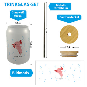 Axolotl Trinkglas mit Bambusdeckel mit Spruch Drink Alotl
