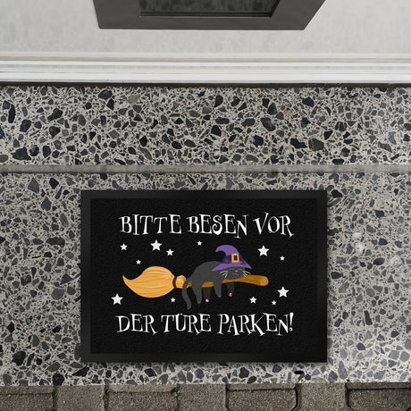 Hexen-Katze auf Besen Fußmatte Bitte Besen vor der Türe parken