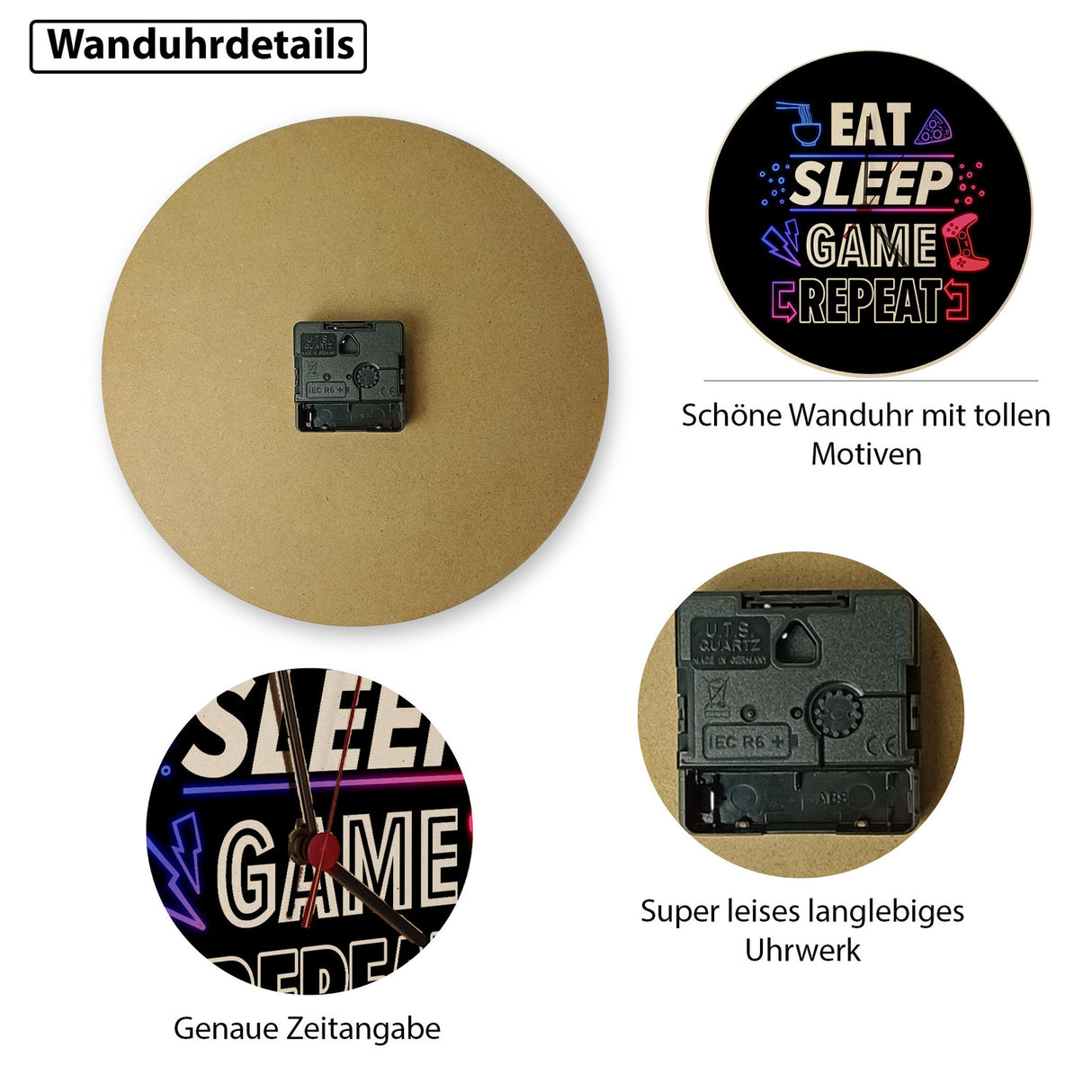 Eat Sleep Game Repeat Zocker Wanduhr