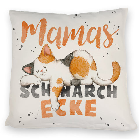 Orange Katze Kissen mit Spruch Mamas Schnarchecke