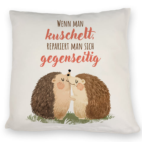 Igel Pärchen Kissen mit Spruch Beim kuscheln repariert man sich gegenseitig