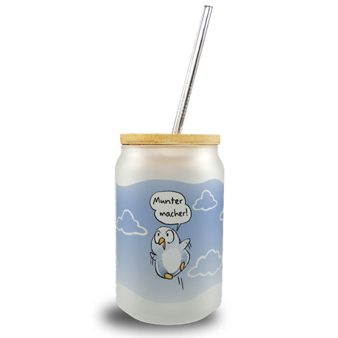 Muntermacher Trinkglas mit Bambusdeckel mit süßem Baby Pinguin