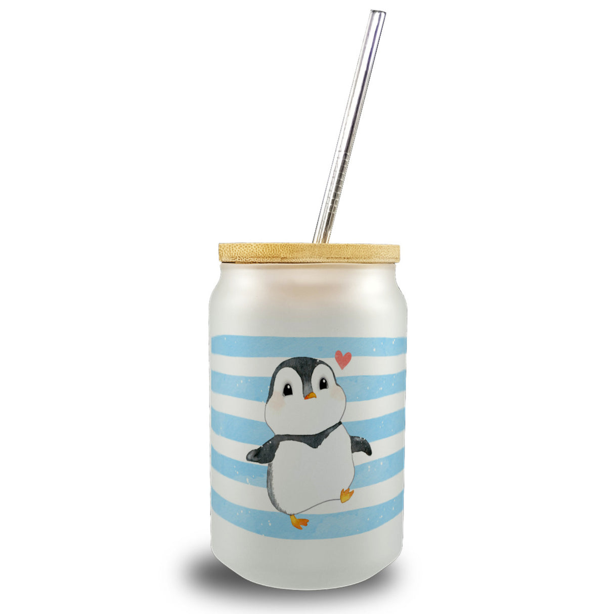 Pinguin Trinkglas mit Bambusdeckel im Aquarell-Stil