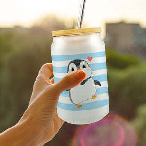 Pinguin Trinkglas mit Bambusdeckel im Aquarell-Stil