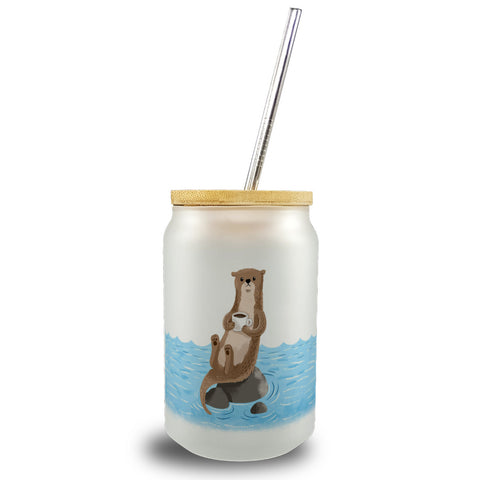 Otter mit Kaffeetasse Trinkglas mit Bambusdeckel im Aquarell-Stil