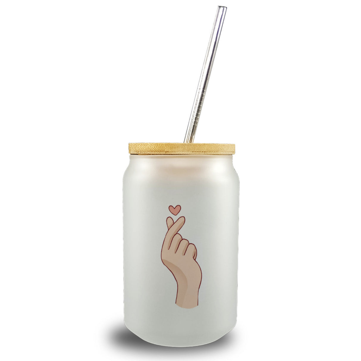 K-Pop Trinkglas mit Bambusdeckel in Farbe mit Herzsymbol