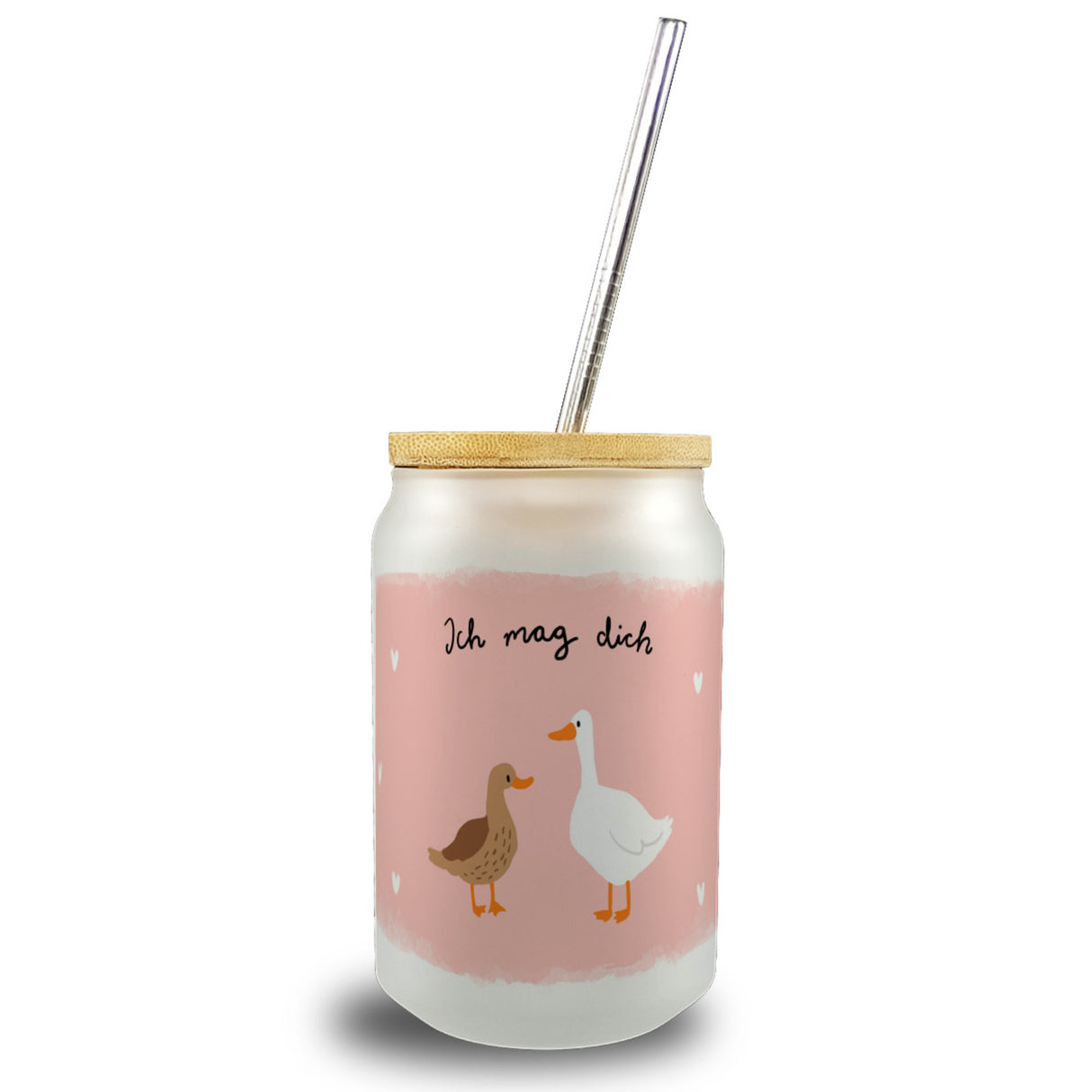 Ente und Gans Trinkglas mit Bambusdeckel mit Spruch Ich mag dich