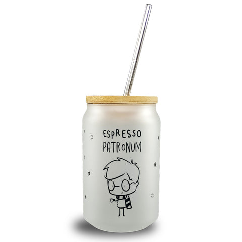 Zauberer mit Espresso Trinkglas mit Bambusdeckel mit Spruch Espresso Patronum