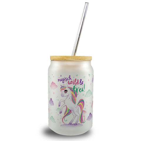 Einhorn Trinkglas mit Bambusdeckel mit Spruch Magisch wild und frei