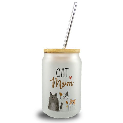 Cat Mom Trinkglas mit Bambusdeckel mit Spruch