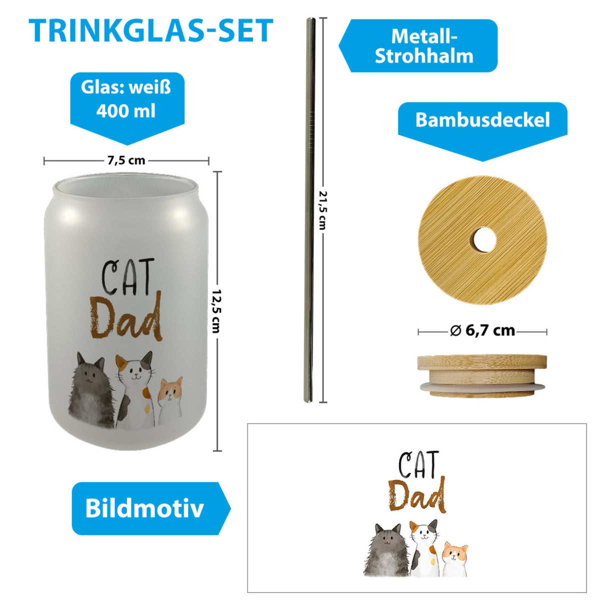 Cat Dad Trinkglas mit Bambusdeckel mit Spruch