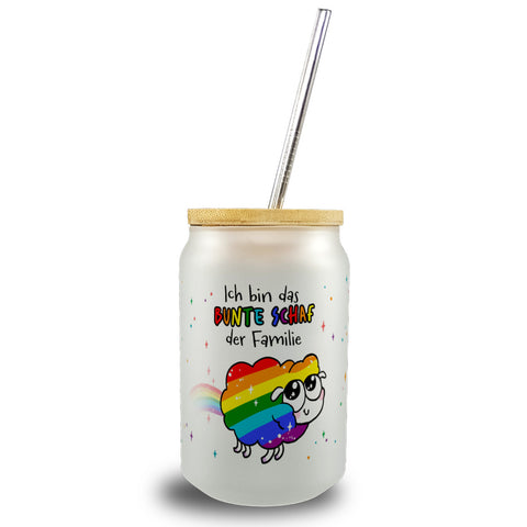 Das bunte Schaf der Familie in Pride-Farben Trinkglas mit Bambusdeckel mit Spruch