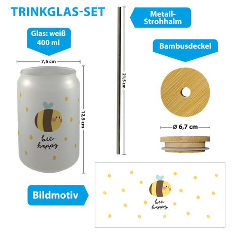 Bee happy Trinkglas mit Bambusdeckel mit dicker Biene