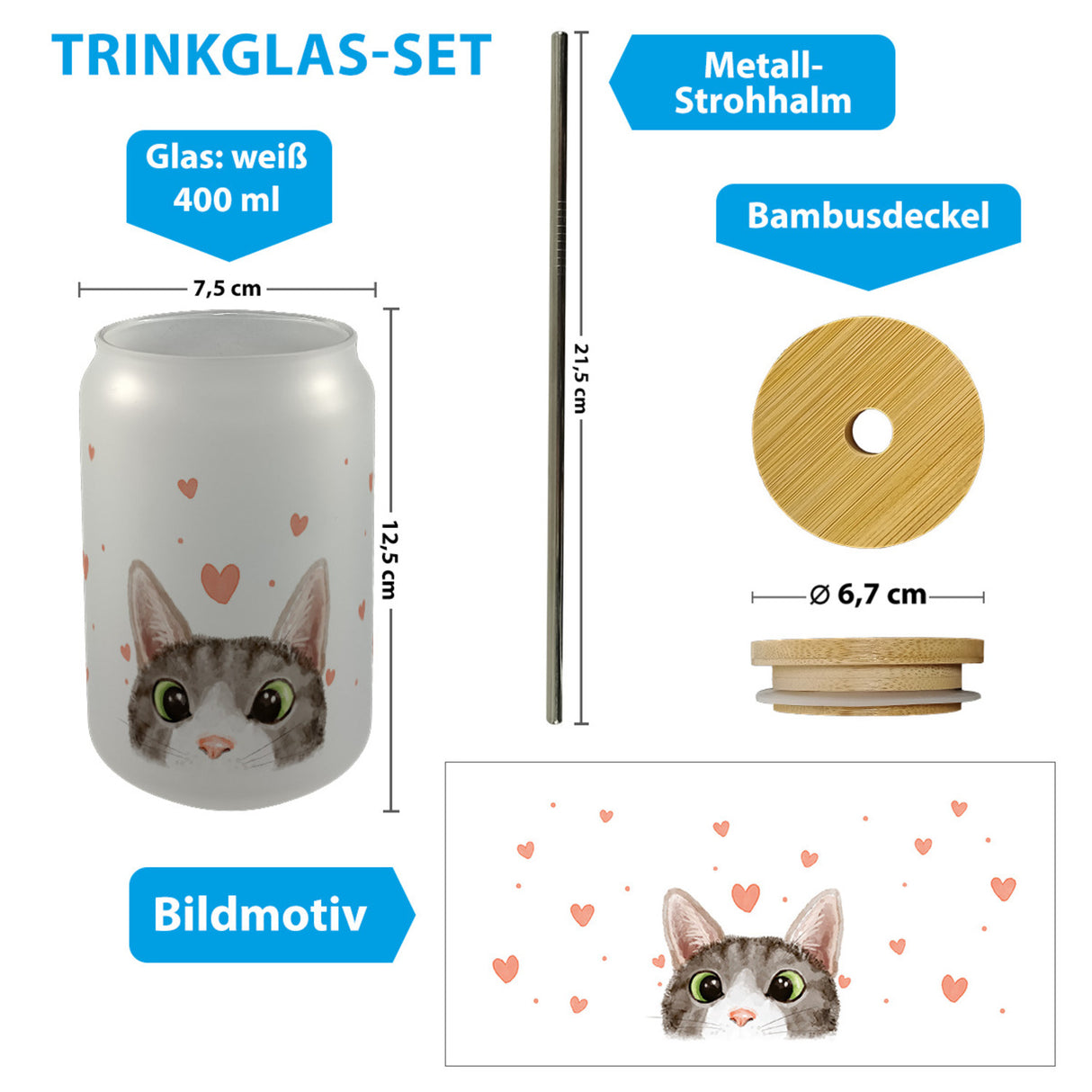 Katze Trinkglas mit Bambusdeckel im Aquarell-Stil