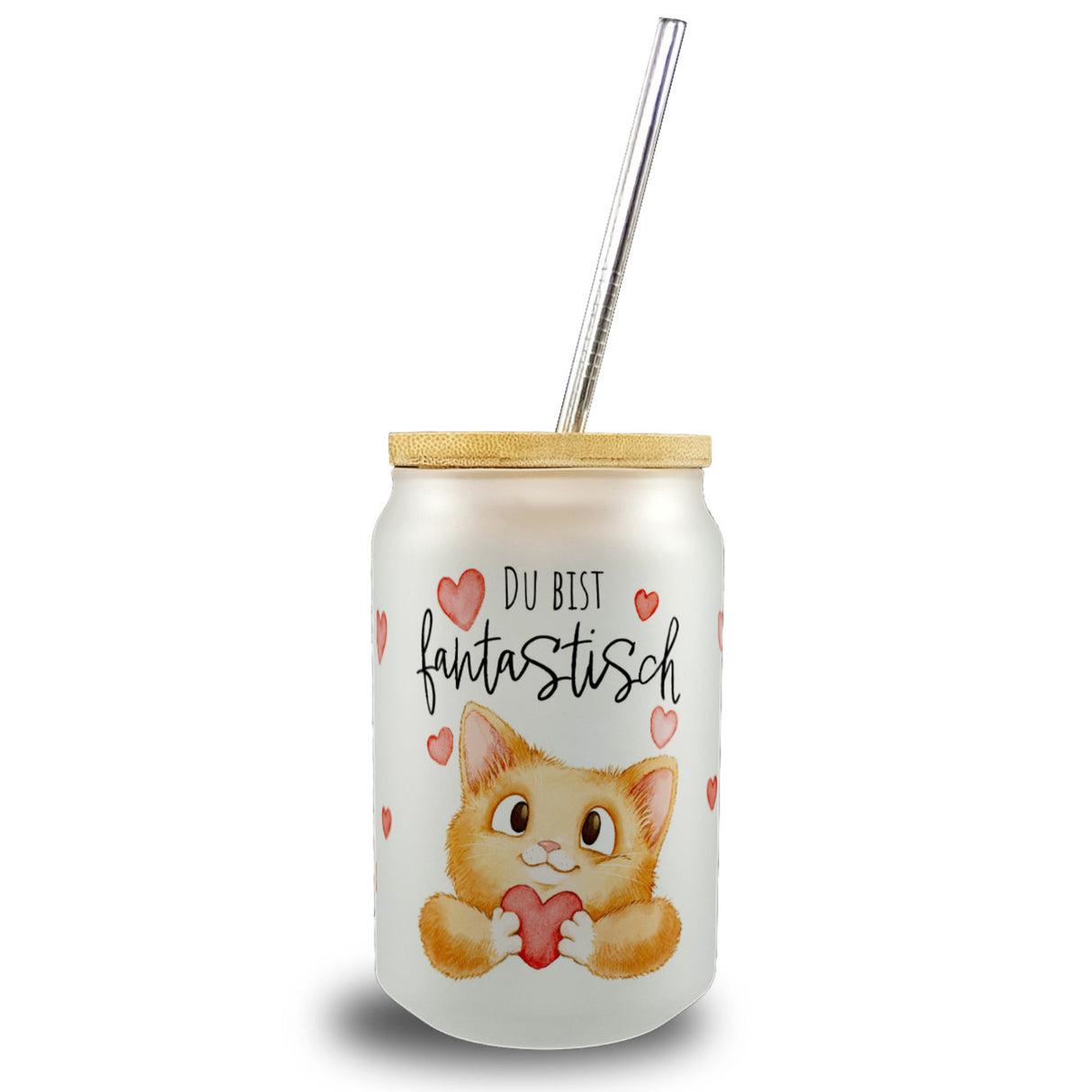 Orange Katze Trinkglas mit Bambusdeckel mit Spruch Du bist fantastisch