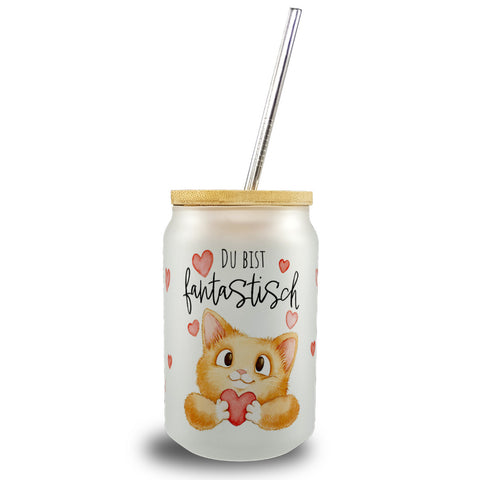 Orange Katze Trinkglas mit Bambusdeckel mit Spruch Du bist fantastisch