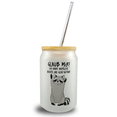 Waschbär Trinkglas mit Bambusdeckel mit Spruch Glaub mir Ich habe wirklich nichts ins Glas getan
