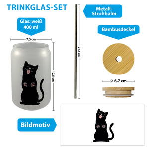 Schwarze Katze Trinkglas mit Bambusdeckel