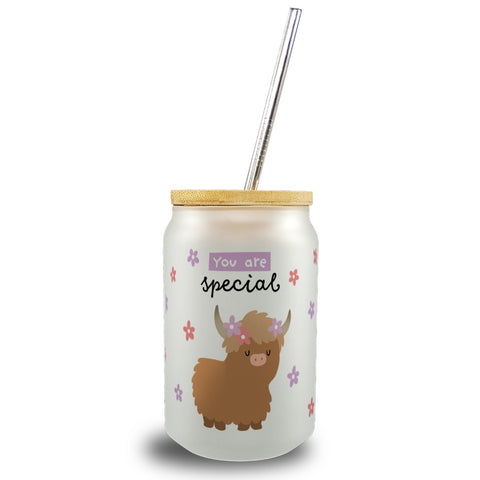 Schottisches Hochlandrind Trinkglas mit Bambusdeckel mit Spruch You are special