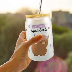 Schottisches Hochlandrind Trinkglas mit Bambusdeckel mit Spruch You are special