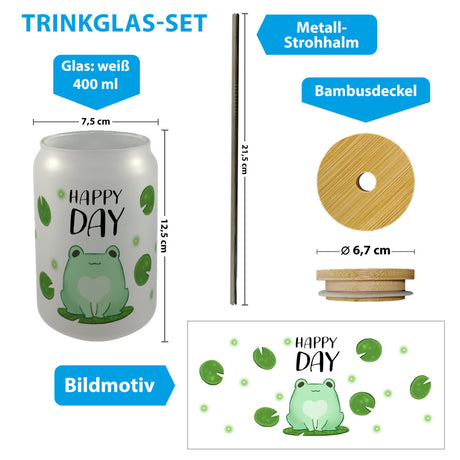 Frosch Trinkglas mit Bambusdeckel mit Spruch Happy Day