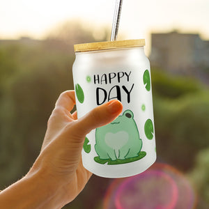 Frosch Trinkglas mit Bambusdeckel mit Spruch Happy Day
