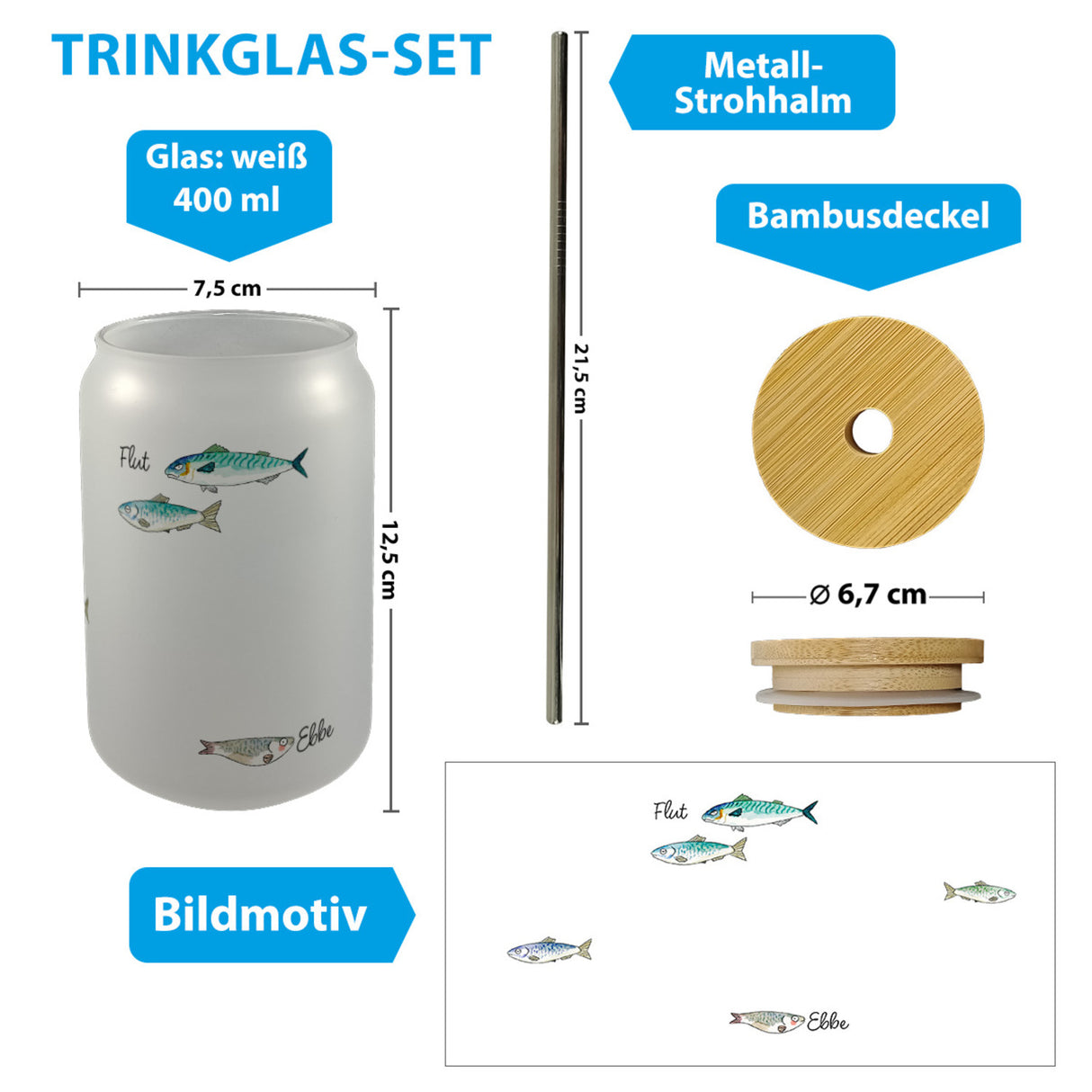 Flut - Ebbe Trinkglas mit Bambusdeckel mit kleinen Fischen