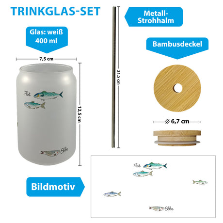 Flut - Ebbe Trinkglas mit Bambusdeckel mit kleinen Fischen