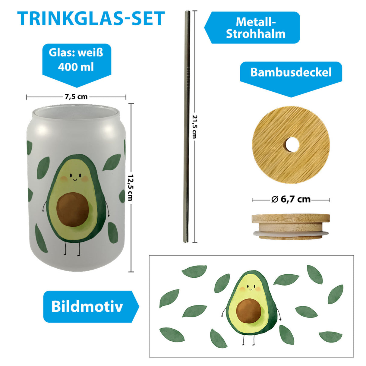 Avocado Trinkglas mit Bambusdeckel im Aquarell-Stil