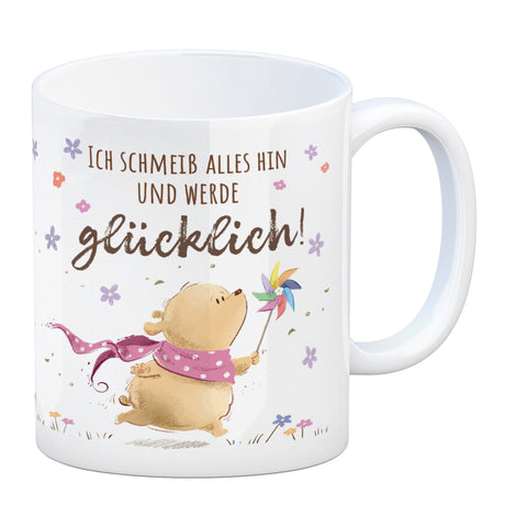 Glücklicher Bär Kaffeebecher mit Spruch Ich schmeiß alles hin