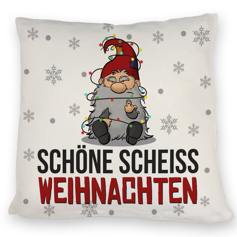 Grimmiger Wichtel Kissen mit Spruch Schöne scheiß Weihnachten