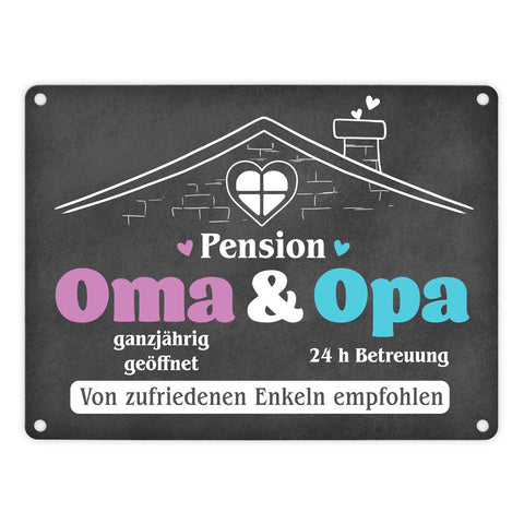 Pension Oma & Opa Metallschild in 15x20 cm mit Spruch Von zufriedenen Enkeln empfohlen