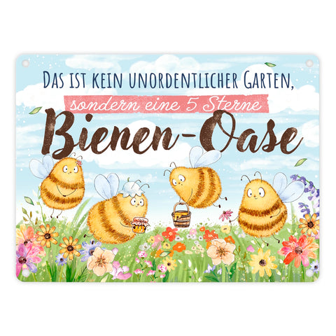 Pummel Biene Metallschild in 15x20 cm mit Spruch Bienen-Oase statt unordentlicher Garten