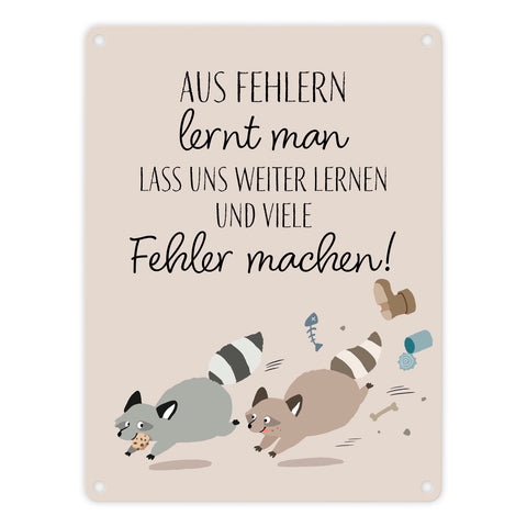 Waschbären Metallschild in 15x20 cm mit Spruch Fehler machen weiter lernen