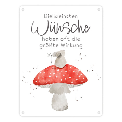 Maus auf Fliegenpilz Metallschild in 15x20 cm mit Spruch Kleinste Wünsche größte Wirkung