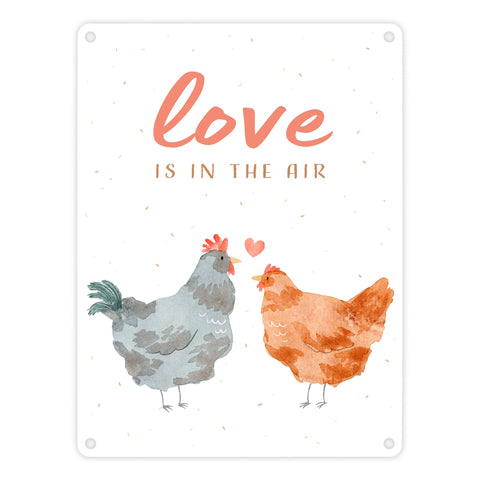 Hühner Metallschild in 15x20 cm mit Spruch Love is in the air