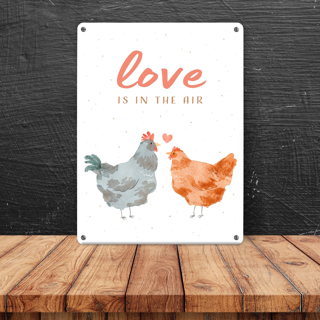 Hühner Metallschild in 15x20 cm mit Spruch Love is in the air