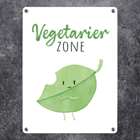Blatt Metallschild in 15x20 cm mit Spruch Vegetarier Zone