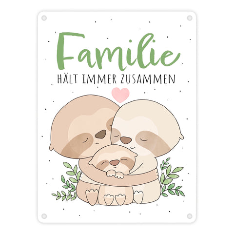 Faultier Metallschild in 15x20 cm mit Spruch Familie hält immer zusammen