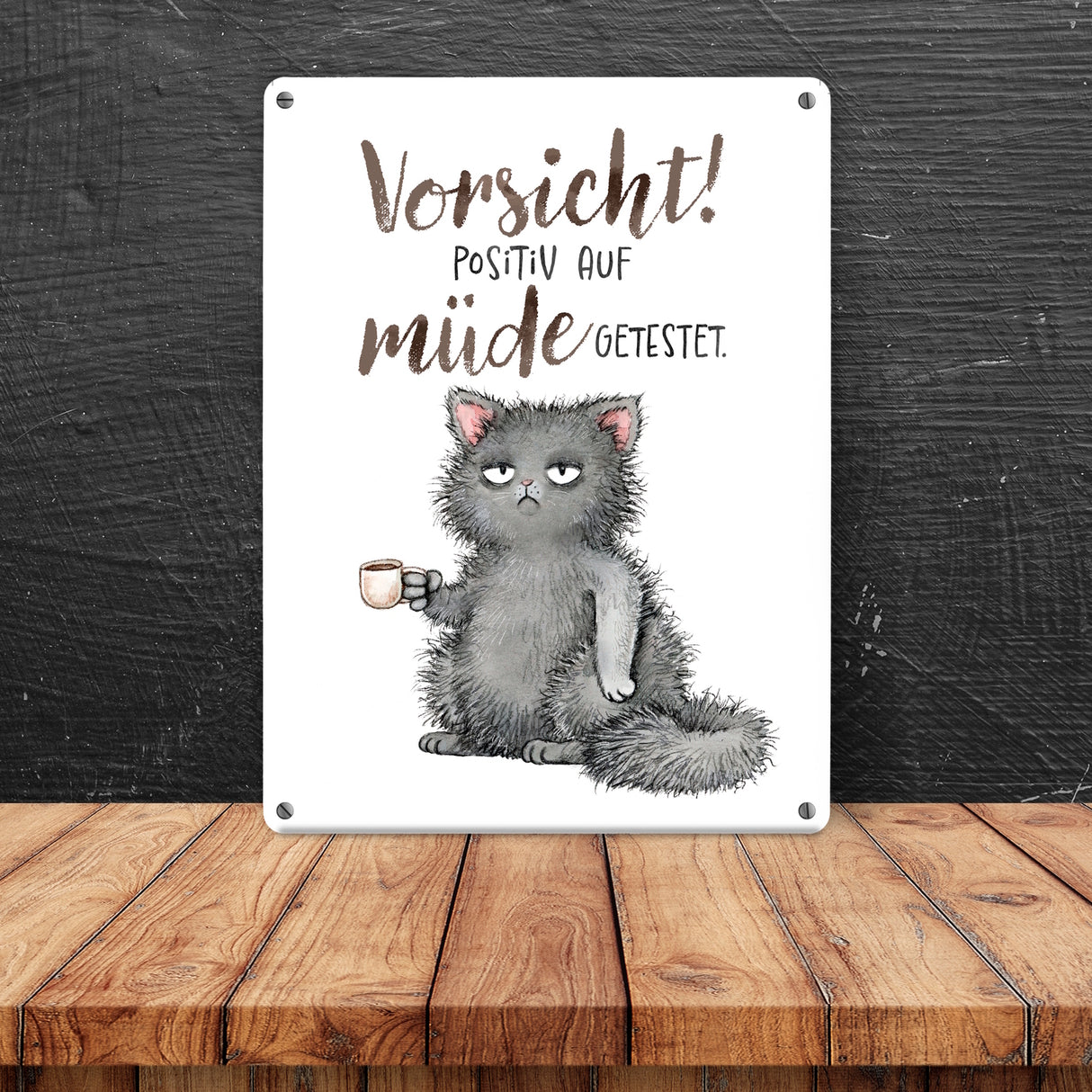Katze Metallschild in 15x20 cm mit Spruch Vorsicht Positiv auf müde getestet