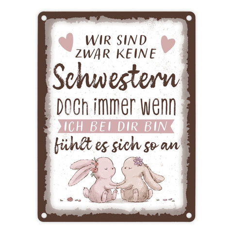 Hasen Metallschild in 15x20 cm mit Spruch Wie Schwestern Gefühl echter Verbundenheit