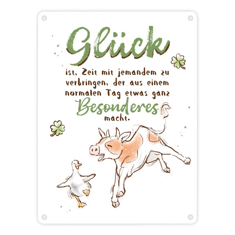 Kuh und Gans Metallschild in 15x20 cm mit Spruch Glück ist besondere Zeit mit jemandem
